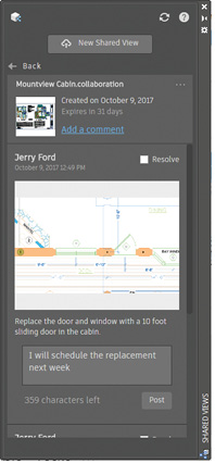 Users can expand any view in the Shared Views palette to read or post comments and reply to comments received from others with whom they have shared views.